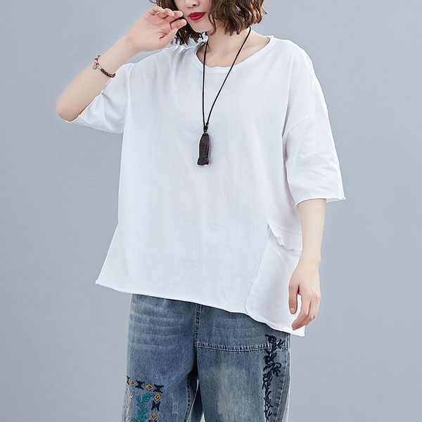 women solid color literary short-sleeve female summer plus size clothes loose pockets o-neck casual women t-shirt, White
women solid color literary short-sleeve female summer plus size clothes loose pockets o-neck casual women t-shirt, White