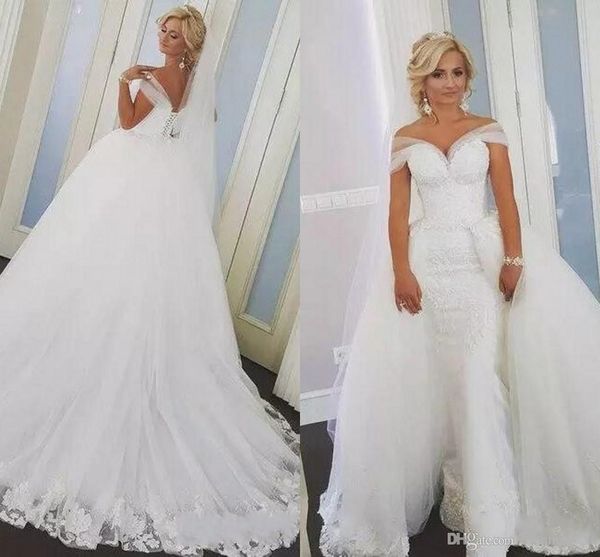 2018 overskirts mermaid lace wedding dresses detachable train arabic bridal gowns with sweetheart sheer straps bridal dresses, White
2018 overskirts mermaid lace wedding dresses detachable train arabic bridal gowns with sweetheart sheer straps bridal dresses, White