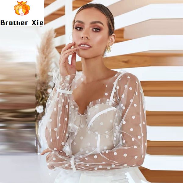 fashion long sleeve patchwork mesh women blouse polka dot transparent ladies crop vintage ruffle short shirt, White
fashion long sleeve patchwork mesh women blouse polka dot transparent ladies crop vintage ruffle short shirt, White