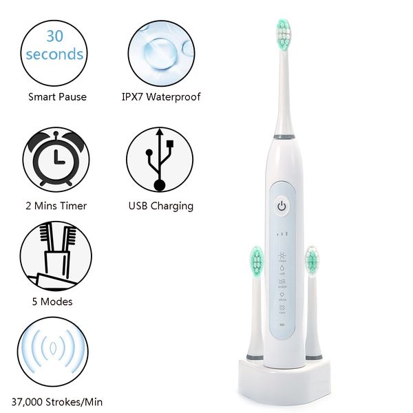 rechargeable smart electric toothbrush + 3 tooth heads + usb charging base 5 working modes timer ipx7 waterproof white
rechargeable smart electric toothbrush + 3 tooth heads + usb charging base 5 working modes timer ipx7 waterproof white