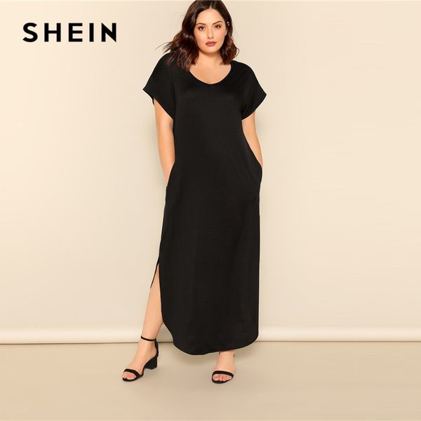 shein plus size black slant pocket -slit hem maxi dress 2019 women summer casual pocket v neck short sleeve solid long dreeses, Black;gray 
shein plus size black slant pocket -slit hem maxi dress 2019 women summer casual pocket v neck short sleeve solid long dreeses, Black;gray