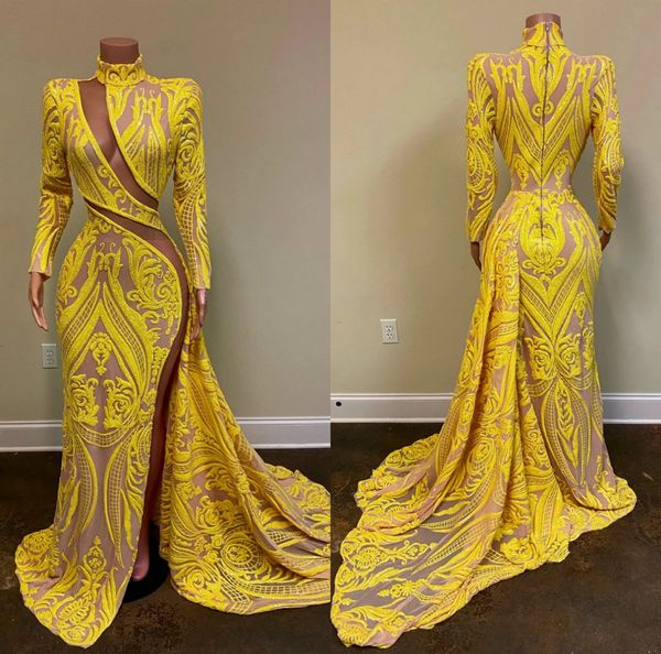 2020 yellow evening dresses high neck lace appliques sequined long sleeve mermaid prom dress custom made formal party gowns, Black
2020 yellow evening dresses high neck lace appliques sequined long sleeve mermaid prom dress custom made formal party gowns, Black