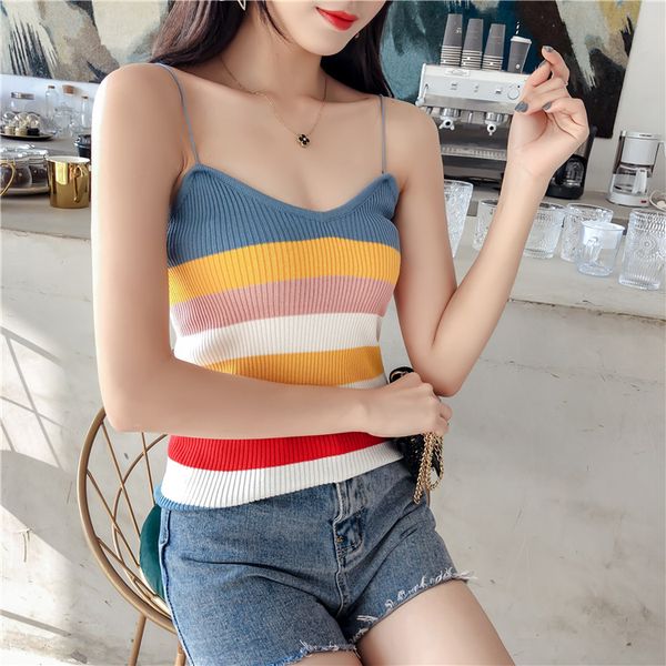 2019 summer women knit rainbow stripe camis girls knitwear camisole sleeveless sweater tshirts for female, White
2019 summer women knit rainbow stripe camis girls knitwear camisole sleeveless sweater tshirts for female, White