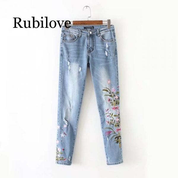 rubilove europe and america fashion wind chrysanthemum embroidered jeans, Blue