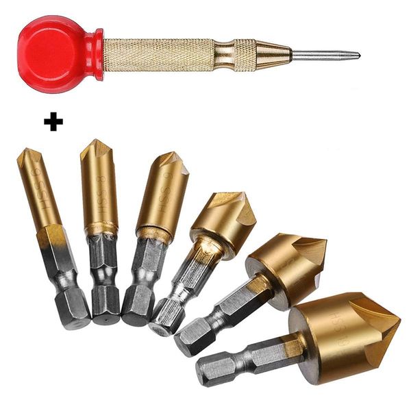 6pcs hex handle five-blade chamfered titanium plated wooden boring drill countersunk drill countersunk sinking nut with 1 center
6pcs hex handle five-blade chamfered titanium plated wooden boring drill countersunk drill countersunk sinking nut with 1 center