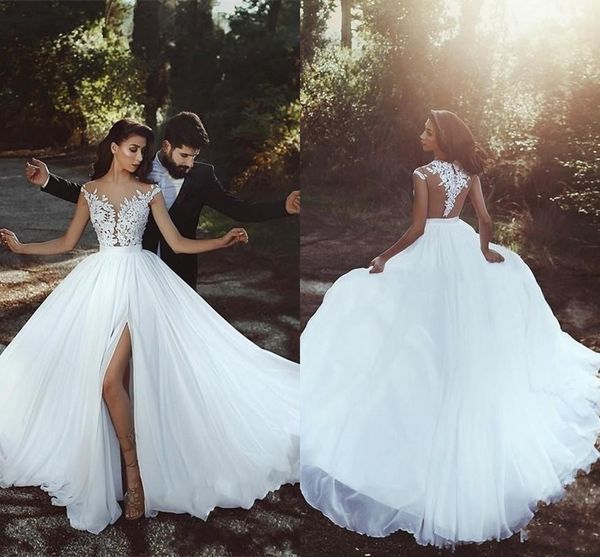 2020 arabic plus size a line wedding dresses illusion cap sleeves lace appliques split chiffon bohemian beach sweep train bridal gowns, White
2020 arabic plus size a line wedding dresses illusion cap sleeves lace appliques split chiffon bohemian beach sweep train bridal gowns, White