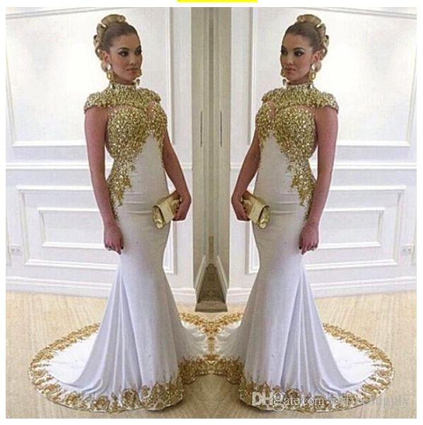 2020 vintage white long evening dresses high neck cap sleeve beaded gold lace appliques stretch satin mermaid women formal gowns
2020 vintage white long evening dresses high neck cap sleeve beaded gold lace appliques stretch satin mermaid women formal gowns