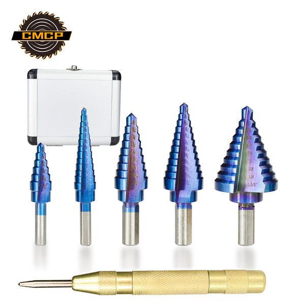 cmcp 6pcs hss step drill bit set automatic center punch nano blue coating imperial core drill bit with aluminum case
cmcp 6pcs hss step drill bit set automatic center punch nano blue coating imperial core drill bit with aluminum case