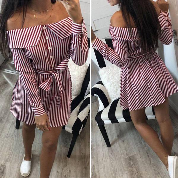 trendy summer women dress off shoulder ladies button striped bandage long sleeve casual loose mini dresses one pieces, Black;gray
trendy summer women dress off shoulder ladies button striped bandage long sleeve casual loose mini dresses one pieces, Black;gray