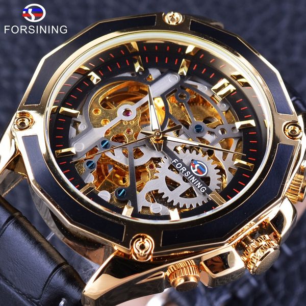 

forsining transparent case gear movement steampunk men automatic skeleton watch open work design self winding, Slivery;brown