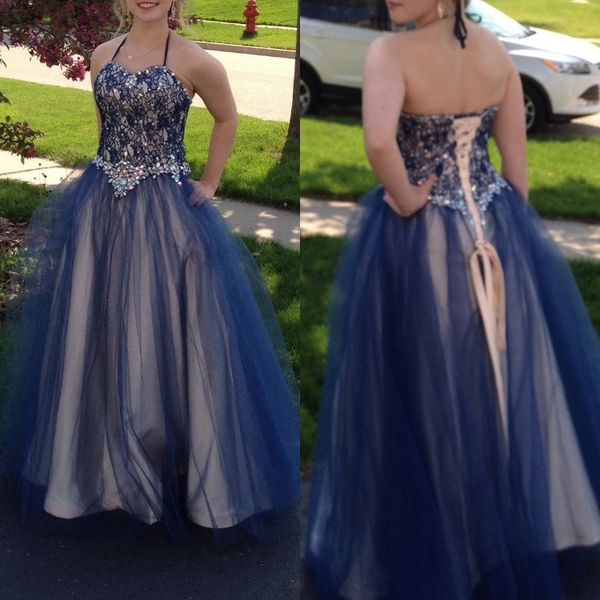 navy blue halter long prom dresses lace beaded rhinestone tulle puffy formal evening gowns lace up plus size vestidos de quinceañera, Black
navy blue halter long prom dresses lace beaded rhinestone tulle puffy formal evening gowns lace up plus size vestidos de quinceañera, Black