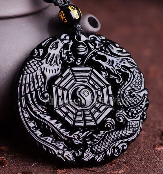 drop ship natural black obsidian hand carved chinese dragon phoenix bagua lucky amulet pendant necklace certificate jewelry, Silver
drop ship natural black obsidian hand carved chinese dragon phoenix bagua lucky amulet pendant necklace certificate jewelry, Silver