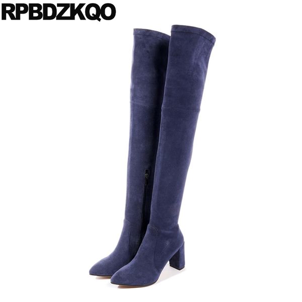 over the knee fall suede high heel chunky long stretch genuine leather thigh navy blue shoes slim women boots quality pointed, Black
over the knee fall suede high heel chunky long stretch genuine leather thigh navy blue shoes slim women boots quality pointed, Black