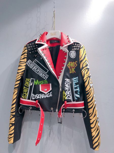women's pu leather jackets graffiti leopard letter print punk motorcycle biker zip rivet waist woman's coats contrast color outerw, Black
women's pu leather jackets graffiti leopard letter print punk motorcycle biker zip rivet waist woman's coats contrast color outerw, Black