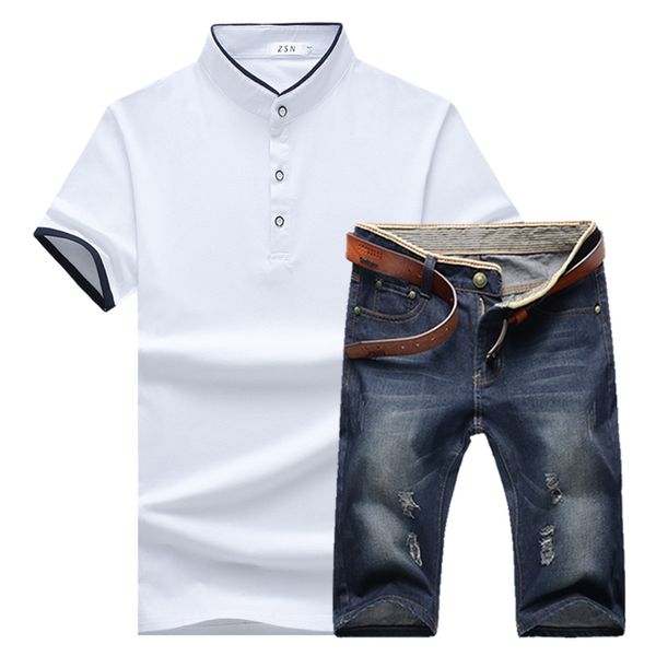 2019 summer fashion new men's casual stand collar short sleeve t-shirt denim cowboy sets / male denim shorts suits, White;black
2019 summer fashion new men's casual stand collar short sleeve t-shirt denim cowboy sets / male denim shorts suits, White;black