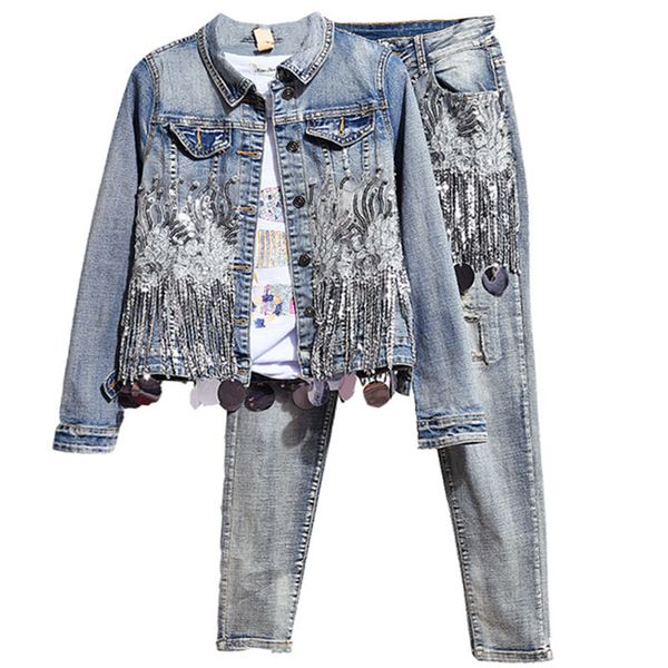 jacket pant set women's sets casual denim jacket trousers two piece outfits bronzed print jeans and pants 2 piece sets, White
jacket pant set women's sets casual denim jacket trousers two piece outfits bronzed print jeans and pants 2 piece sets, White