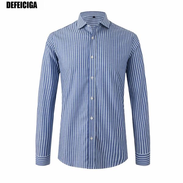 

2019 defeiciga new men turndown collar long sleeve non-iron dress blue striped shirts regular fit male 024, White;black