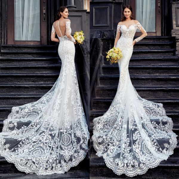 amazing mermaid lace wedding dresses sheer off the shoulder long sleeves bridal gowns see through buttons back sweep train robes de mariée, White
amazing mermaid lace wedding dresses sheer off the shoulder long sleeves bridal gowns see through buttons back sweep train robes de mariée, White