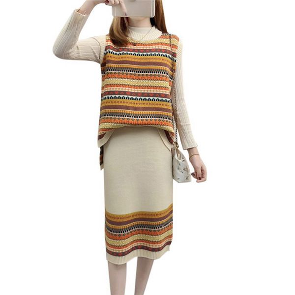 women's autumn ethnic style loose sleeveless sweater fashion striped pullover sweater fancy wind two-piece skirt knit suit 2020, White;black
women's autumn ethnic style loose sleeveless sweater fashion striped pullover sweater fancy wind two-piece skirt knit suit 2020, White;black