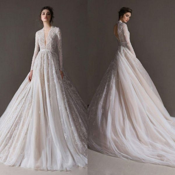 graceful lace backless wedding dresses deep v neck long sleeves bridal gowns a line court train tulle robe de mariée, White
graceful lace backless wedding dresses deep v neck long sleeves bridal gowns a line court train tulle robe de mariée, White