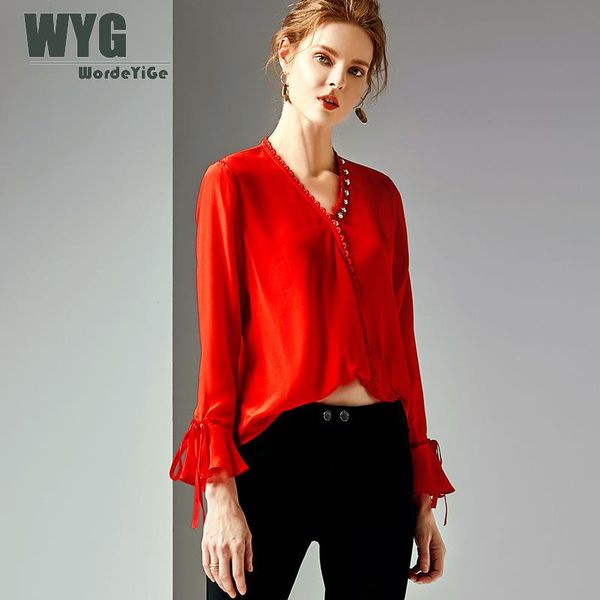 solid red silk blouse 2019 spring deep v-neck flare sleeve pearl buttons lace trim natural silk shirts, White
solid red silk blouse 2019 spring deep v-neck flare sleeve pearl buttons lace trim natural silk shirts, White
