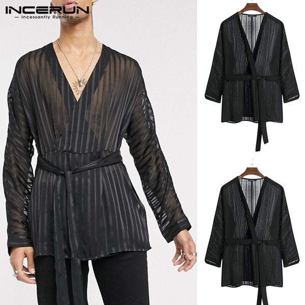 2020 fashion men mesh shirt deep v neck long sleeve solid color transparent with belt party nightclub shirts incerun, White;black
2020 fashion men mesh shirt deep v neck long sleeve solid color transparent with belt party nightclub shirts incerun, White;black