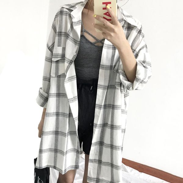 women vintage plaid print shirt female loose single-breasted casual long sleeve lapel blouses sun protection long blouse coat, White
women vintage plaid print shirt female loose single-breasted casual long sleeve lapel blouses sun protection long blouse coat, White