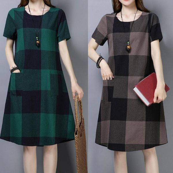 women's summer vintage plaid print short sleeve ladies casual loose knee dress, Black;gray
women's summer vintage plaid print short sleeve ladies casual loose knee dress, Black;gray