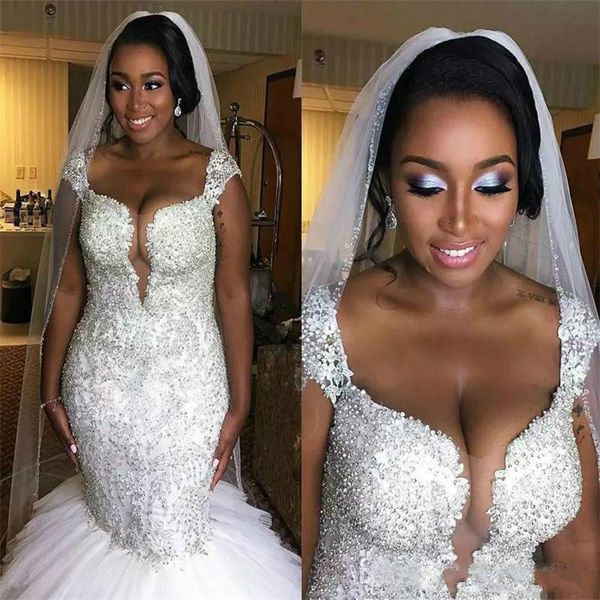 shiny luxury african mermaid wedding dress custom cap sleeves major beaded wedding dresses tiered ruffles sweep train bridal gowns plus size, White
shiny luxury african mermaid wedding dress custom cap sleeves major beaded wedding dresses tiered ruffles sweep train bridal gowns plus size, White