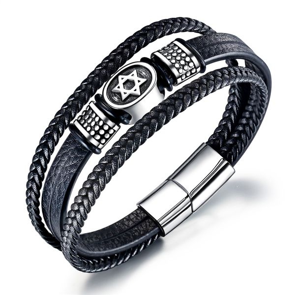 brand men bangles stainless steel charm six star pattern personalzied punk bracelets multi layer leather bangles, Black
brand men bangles stainless steel charm six star pattern personalzied punk bracelets multi layer leather bangles, Black