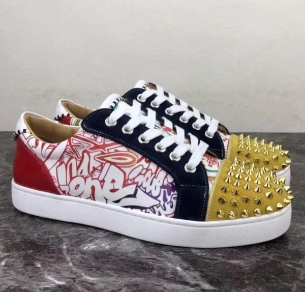 sell fashion men & women sneakers red bottoms shoes flats graffiti print genuine leather desigener sneakers for party casual shoe, Black 
sell fashion men & women sneakers red bottoms shoes flats graffiti print genuine leather desigener sneakers for party casual shoe, Black