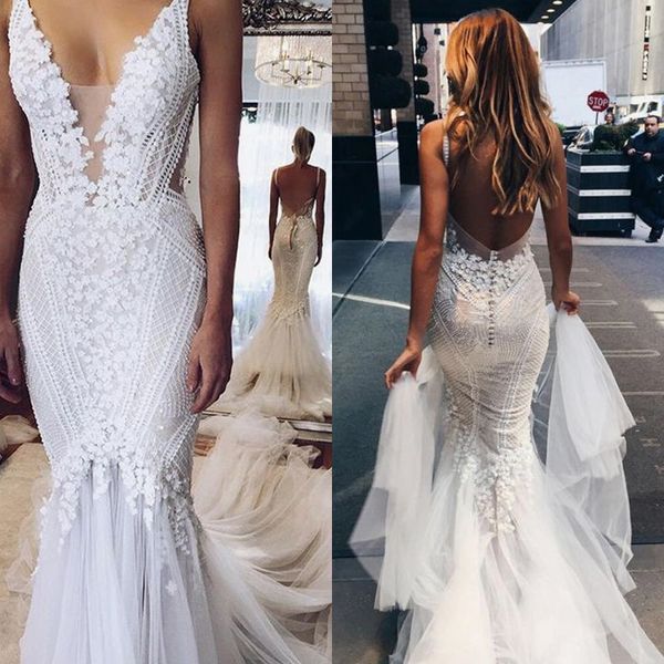 2019 popular appliques elegant tulle mermaid open back wedding dress deep v neck lace bridal wedding dress, White
2019 popular appliques elegant tulle mermaid open back wedding dress deep v neck lace bridal wedding dress, White