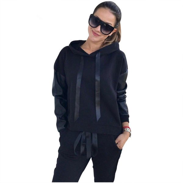 Women Casual Lace -Up Hoodies Sportswear Leather Patchwork Sets Split Side Zippers Tops Street -Wear 2 Piece Sets Suits Tracksuit Female 
Women Casual Lace -Up Hoodies Sportswear Leather Patchwork Sets Split Side Zippers Tops Street -Wear 2 Piece Sets Suits Tracksuit Female