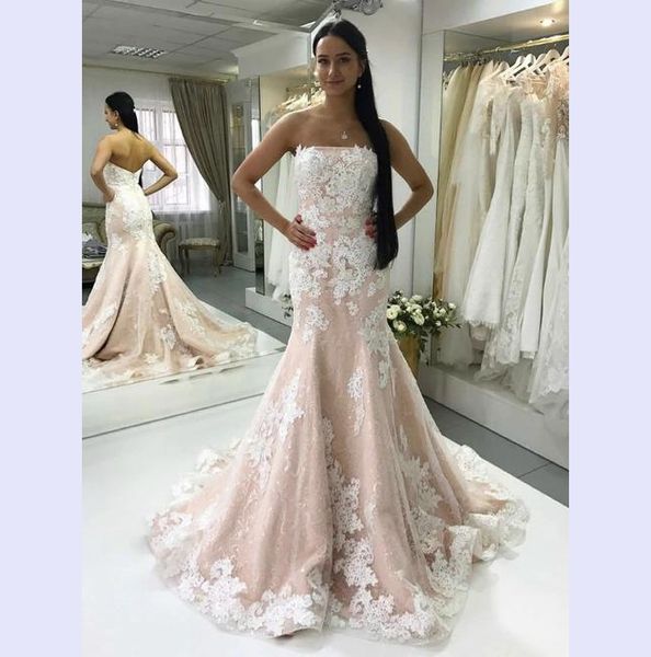 graceful pink strapless wedding dresses lace appliques sweep train trumpet mermaid wedding dresses vestidos de novia bridal dresses, White
graceful pink strapless wedding dresses lace appliques sweep train trumpet mermaid wedding dresses vestidos de novia bridal dresses, White