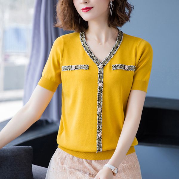 short sleeve thin sweater knitted pullover women patchwork v-neck sweaters pull femme jumper 2020 summer loose womens clothing, White;black
short sleeve thin sweater knitted pullover women patchwork v-neck sweaters pull femme jumper 2020 summer loose womens clothing, White;black