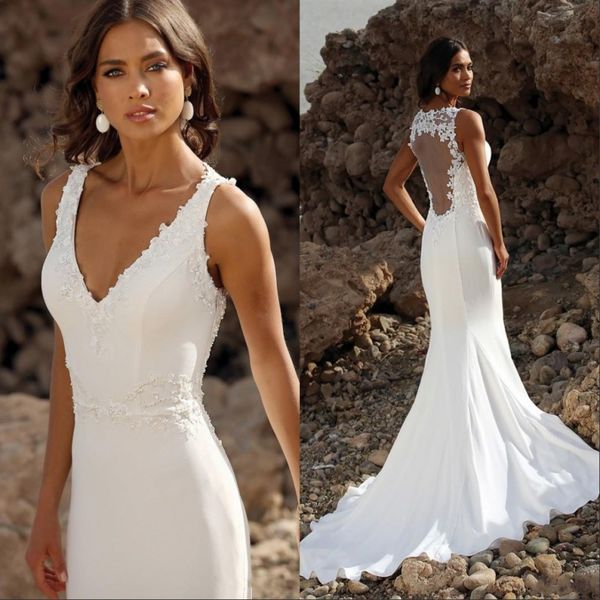 beach mermaid wedding dresses 2020 sleeveless v neck lace appliques sheer back beaded boho bridal gowns plus size robes de mariée, White
beach mermaid wedding dresses 2020 sleeveless v neck lace appliques sheer back beaded boho bridal gowns plus size robes de mariée, White