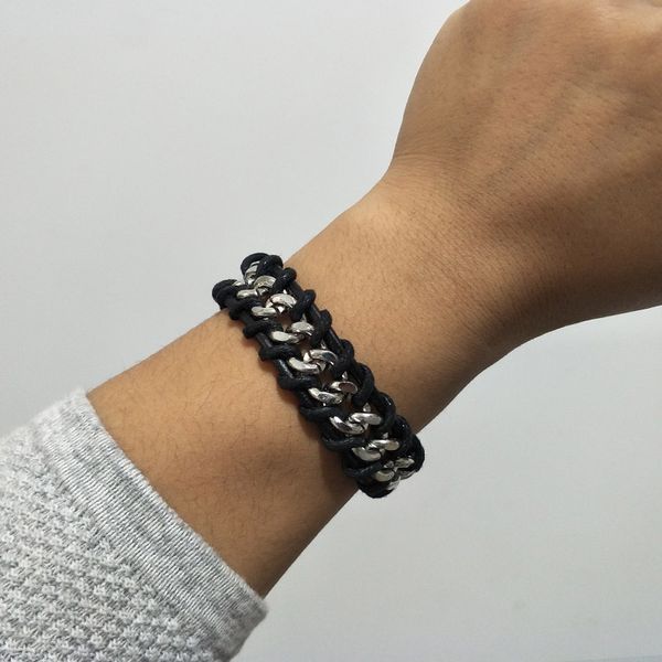 men's bracelet stainless steel with wax leather braided bracelet male cuban link chain on hand fashion jewelry gift, Black
men's bracelet stainless steel with wax leather braided bracelet male cuban link chain on hand fashion jewelry gift, Black