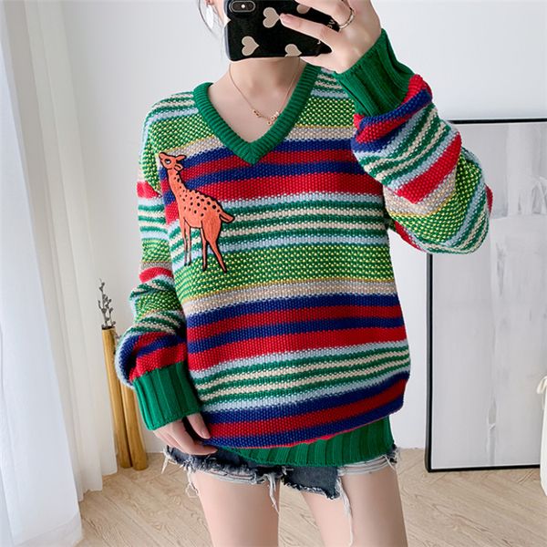 women sweater rainbow coloured stripes knitted sweaters loose long sleeve v - neck, White;black
women sweater rainbow coloured stripes knitted sweaters loose long sleeve v - neck, White;black