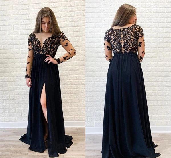 plus size black prom dresses arabic sheer neck 2020 long sleeve evening gowns appliqued lace high split special occasion party dress al6418
plus size black prom dresses arabic sheer neck 2020 long sleeve evening gowns appliqued lace high split special occasion party dress al6418