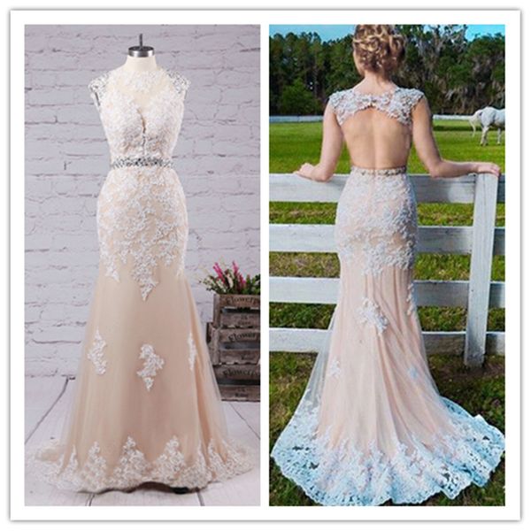 mermaid jewel sweep train open back champagne tulle bridal gown with applqiues beading wedding dress, White
mermaid jewel sweep train open back champagne tulle bridal gown with applqiues beading wedding dress, White