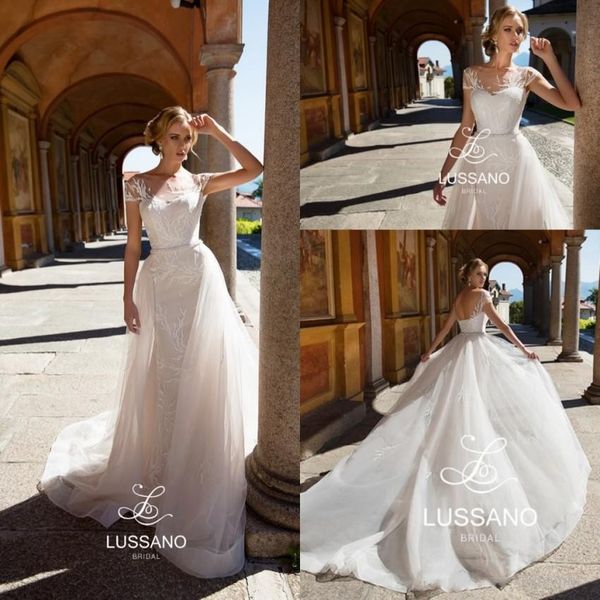 elegant tulle beach wedding dresses sheer cap sleeves lace appliques corset back bridal gowns custom made detachable train, White
elegant tulle beach wedding dresses sheer cap sleeves lace appliques corset back bridal gowns custom made detachable train, White