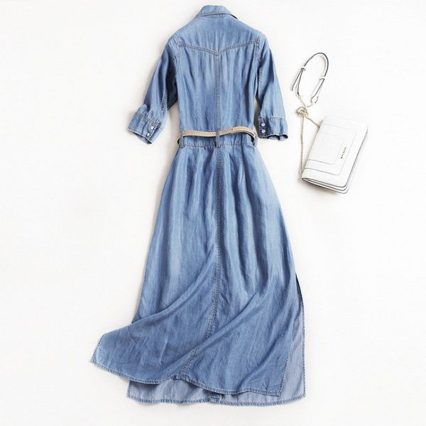 women summer long denim dress preppy casual single breasted midi dress pockets high waist lapel collar sashes slim fit dresses, Black;gray
women summer long denim dress preppy casual single breasted midi dress pockets high waist lapel collar sashes slim fit dresses, Black;gray