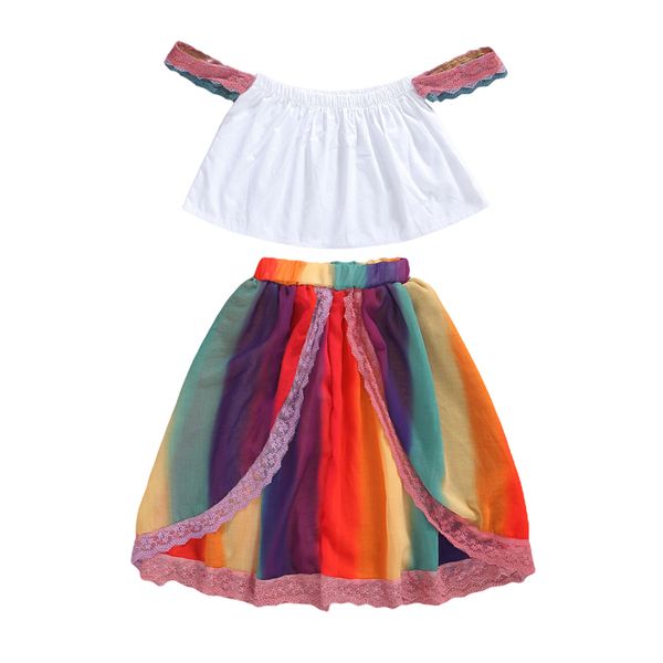 clothing sets 2021 boho style kid baby girl clothes off shoulder t shirts lace rainbow stripes skirt summer outfit 2-7y, White
clothing sets 2021 boho style kid baby girl clothes off shoulder t shirts lace rainbow stripes skirt summer outfit 2-7y, White
