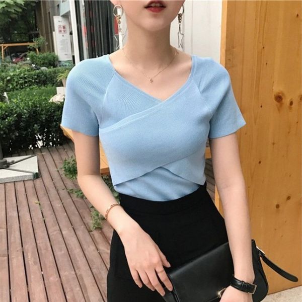 knitted women short sleeve female shirt blouse casual t-shirts summer v neck tank, White 
knitted women short sleeve female shirt blouse casual t-shirts summer v neck tank, White