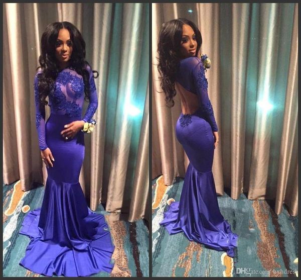 2018 new glamorous purple mermaid sheer long sleeves prom dresses illusion bodices lace appliqued open back long vintage evening gwons, Black
2018 new glamorous purple mermaid sheer long sleeves prom dresses illusion bodices lace appliqued open back long vintage evening gwons, Black