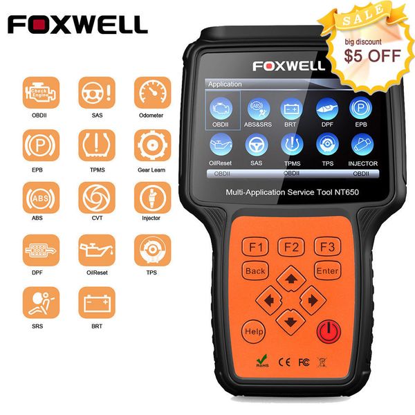 FOXWELL NT650 OBDII Диагностический сканер EPB SAS BMS DPF ABS SRS AT Инструмент для сброса масла 
FOXWELL NT650 OBDII Диагностический сканер EPB SAS BMS DPF ABS SRS AT Инструмент для сброса масла