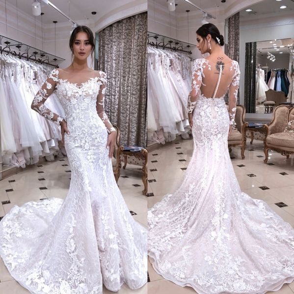 attractive mermaid lace wedding dresses long sleeves sheer bateau neck bridal gowns plus size sweep train appliqued vestidos de nnovia, White
attractive mermaid lace wedding dresses long sleeves sheer bateau neck bridal gowns plus size sweep train appliqued vestidos de nnovia, White