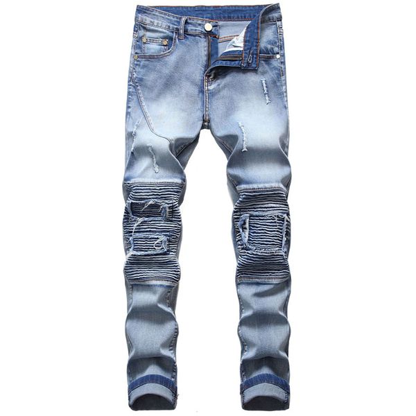 mens designer casual jeans light color hole jeans slim elastic force zipper fly straight male clothing, Blue
mens designer casual jeans light color hole jeans slim elastic force zipper fly straight male clothing, Blue
