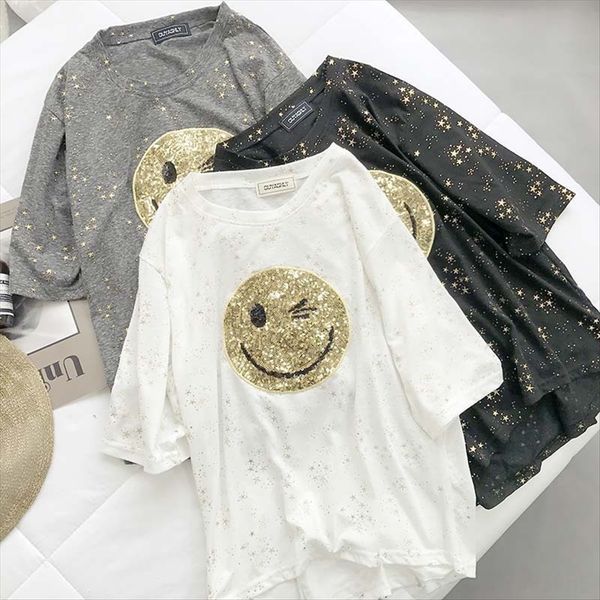personalized smiling face short-sleeved t-shirt female summer loose versatile student casual gold sequins sequins printing t-shirt, White
personalized smiling face short-sleeved t-shirt female summer loose versatile student casual gold sequins sequins printing t-shirt, White