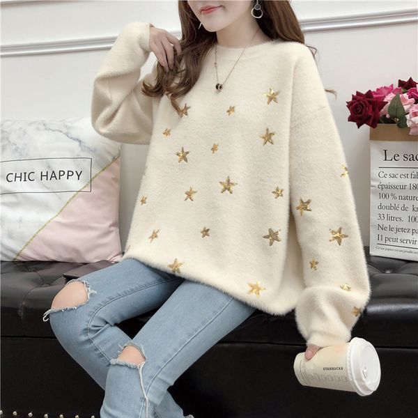 2019 women's fall new round neck thick sweater korean version of loose student sequined sweater, White;black
2019 women's fall new round neck thick sweater korean version of loose student sequined sweater, White;black